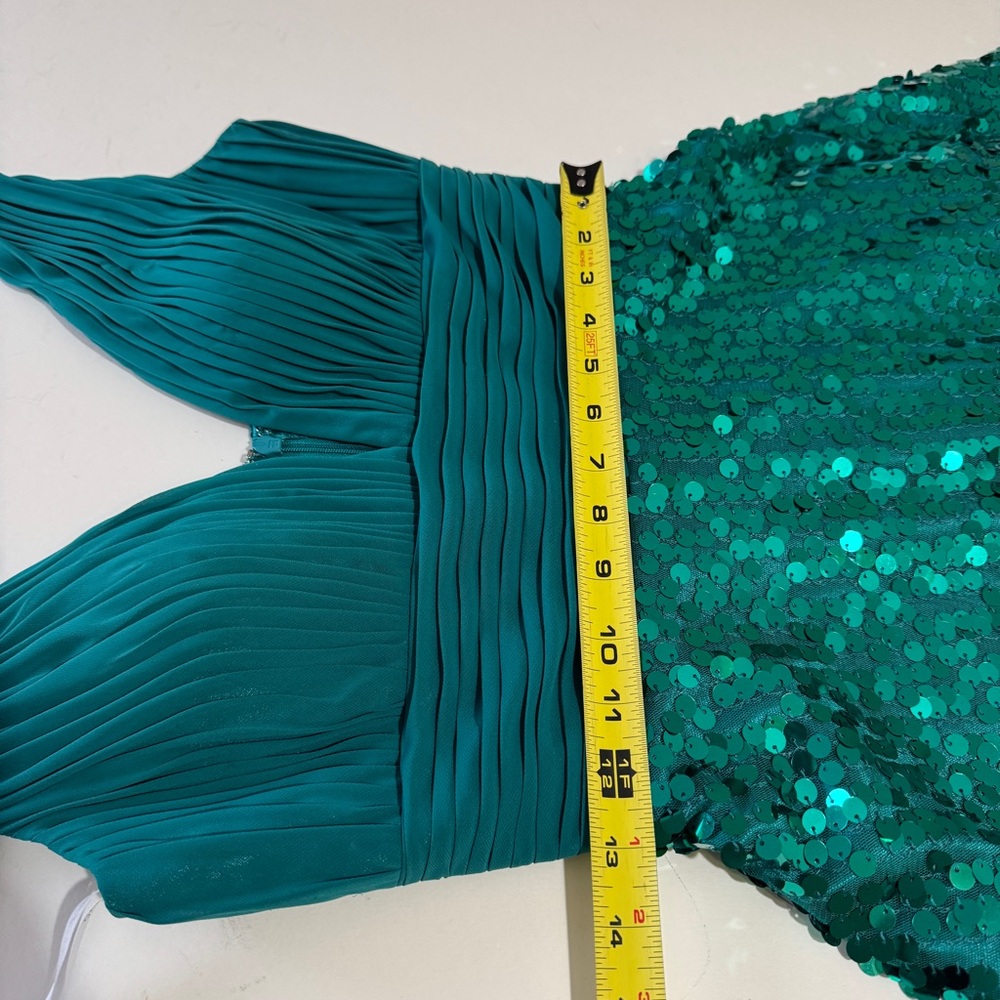 Teal Sequin V-Neck Mini Dress with Pleated Bodice - Picture 7 of 11